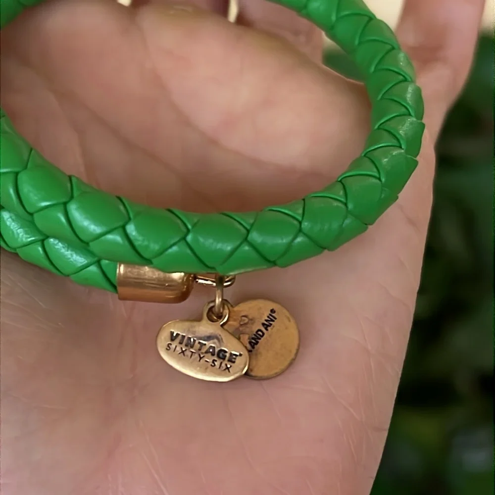 Alex & Ani Women’s Green Leather Braided Wrap Gold Tone Bracelet With Dust Bag